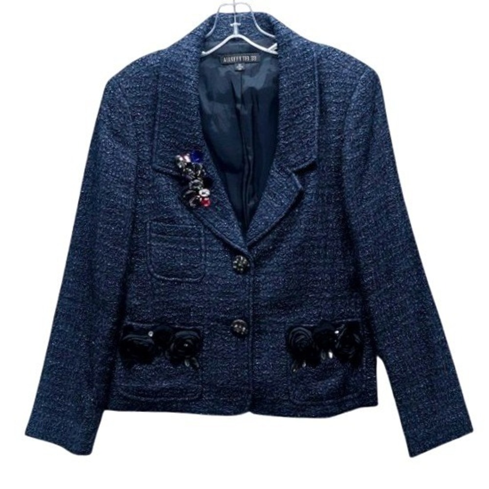 Lafayette 148 New York Tweed Blazer Women's 8 Navy Beaded Floral Jacket